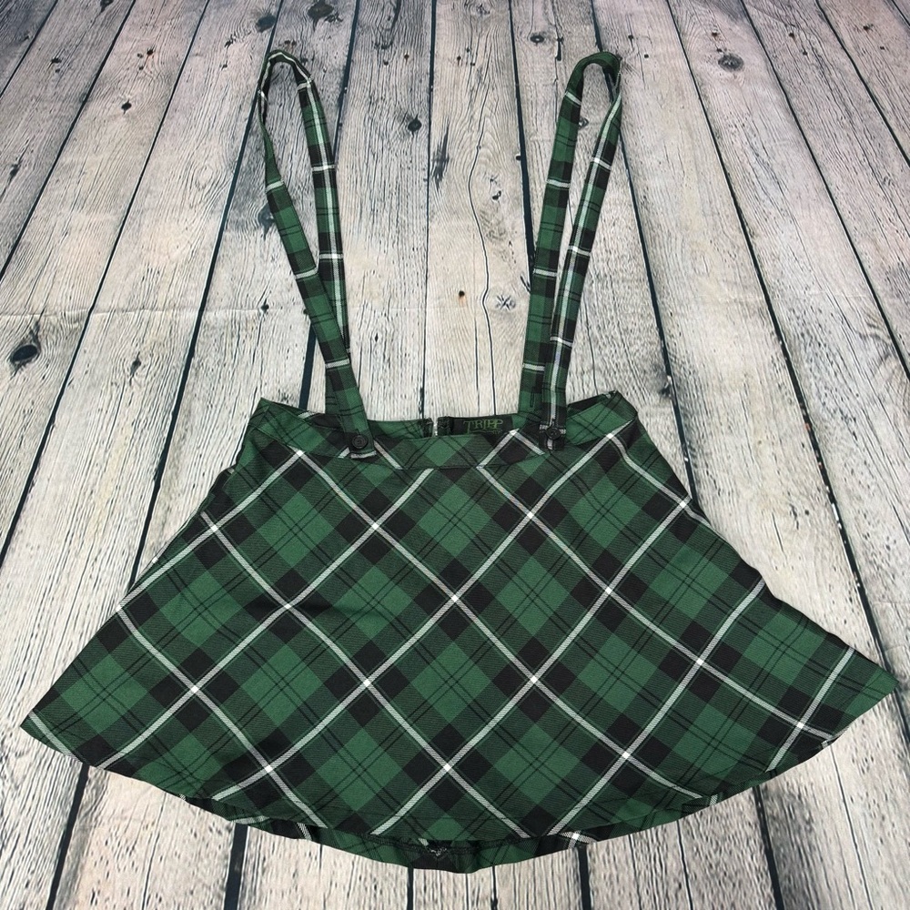 Tripp nyc Daang Goodman Green Black Plaid Mini Skater Skirt w/ Suspenders Small